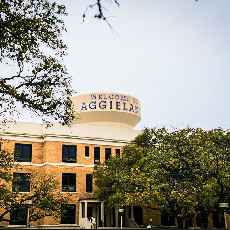 "Welcome to Aggieland "water tower shown above a building surrounded by trees