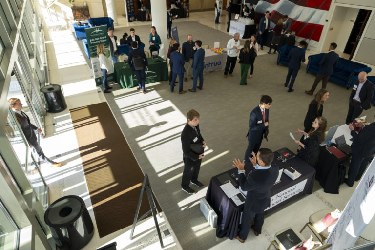Overhead view of a financial planning career fair