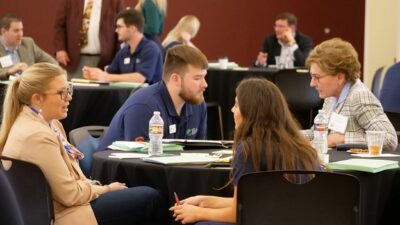 Students and mentors discuss business plans